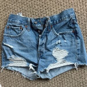 Distressed Levi 501 Light Washed Denim Shorts